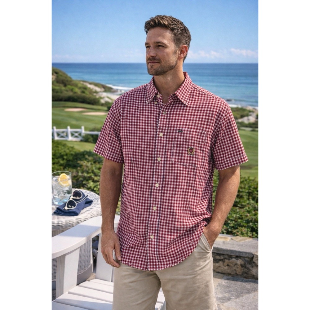 Tommy Hilfiger Red Gingham Shirt L Short Sleeve Button Up Classic Preppy‎ Ivy